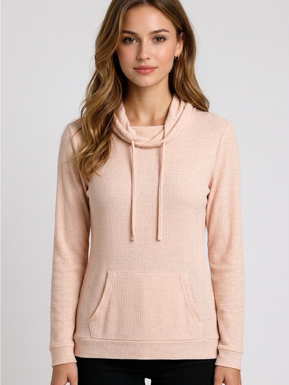 Weatherproof Vintage Waffle Knit Gingham Hoodie - Blush Peach